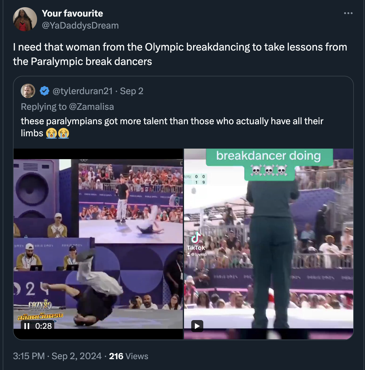 screenshot - Your favourite I need that woman from the Olympic breakdancing to take lessons from the Paralympic break dancers Sep 2 these paralympians got more talent than those who actually have all their limbs 25 Ii 216 Views TikTok breakdancer doing